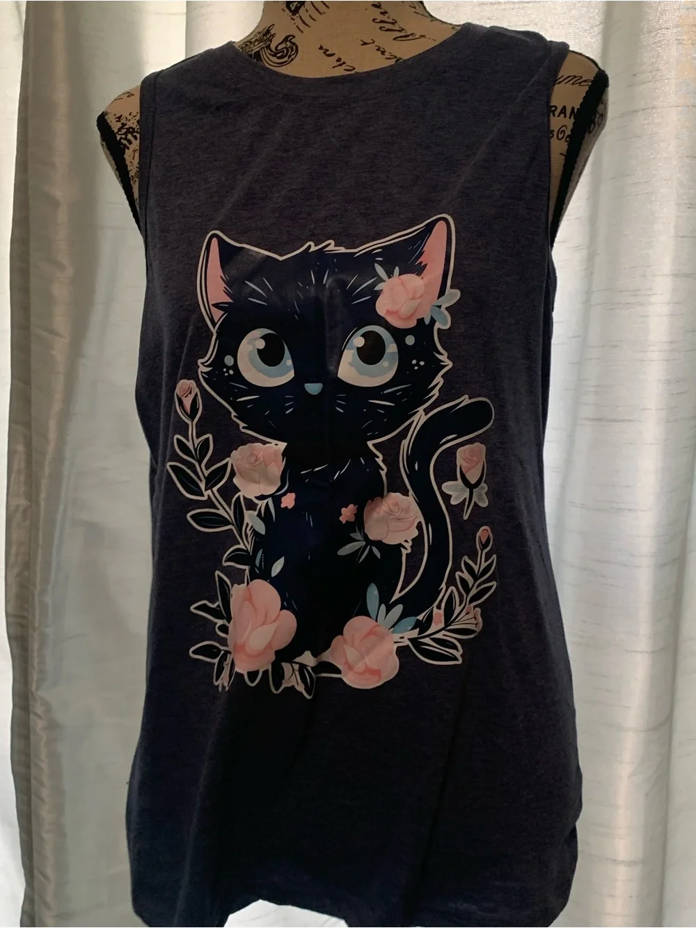 Dark blue Floral Cat Graphic Tank Top - Unbranded
